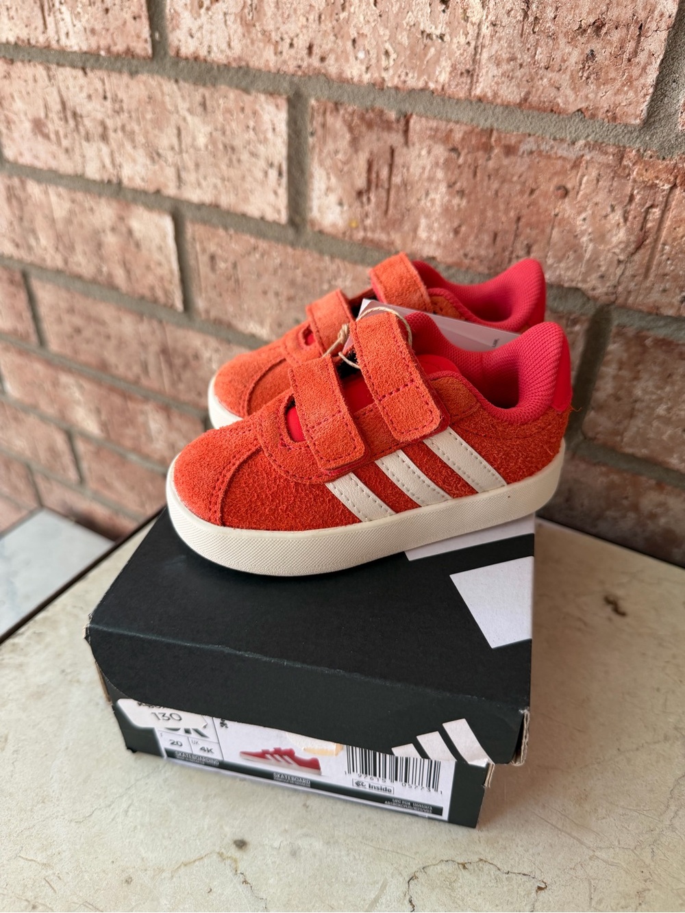 adidas Kids Orange Suede Velcro Sneakers with White Stripes